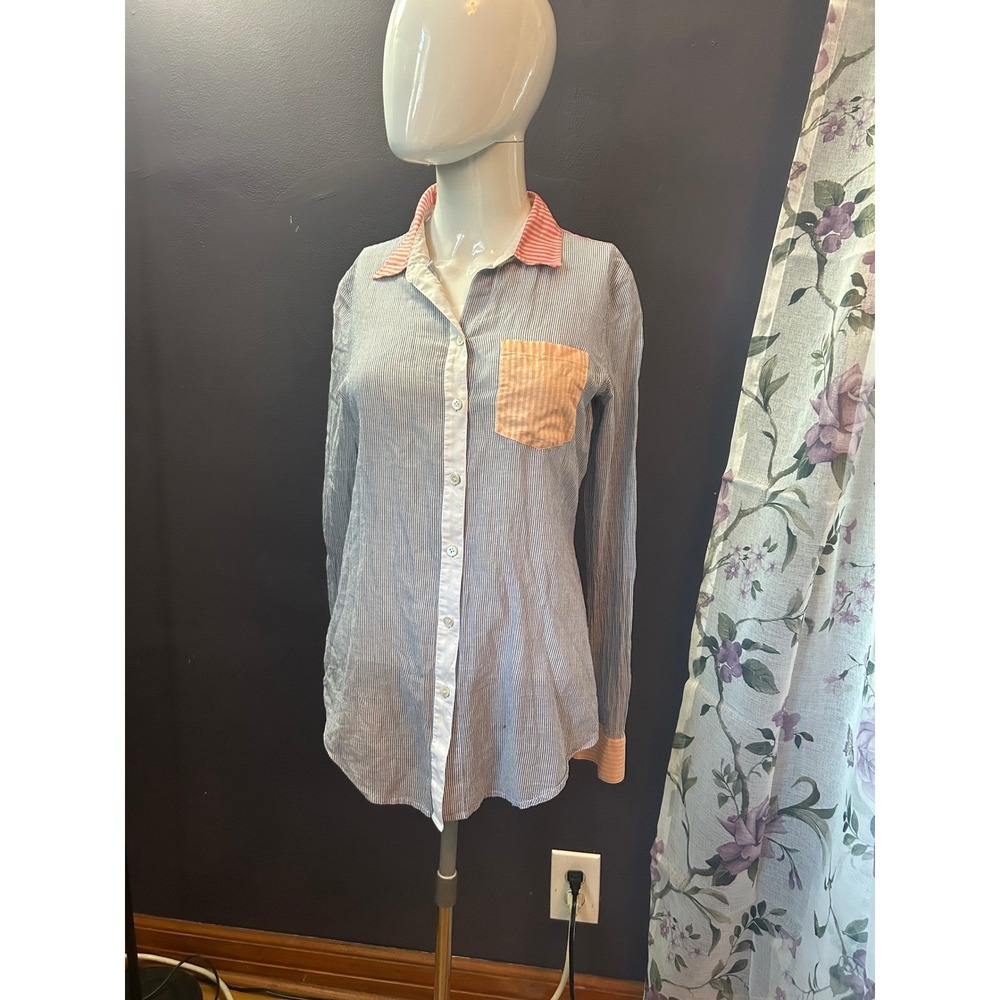 Theory Womens Mixed Stripe Button Down Shirt Blue Coral Cotton Size S Small